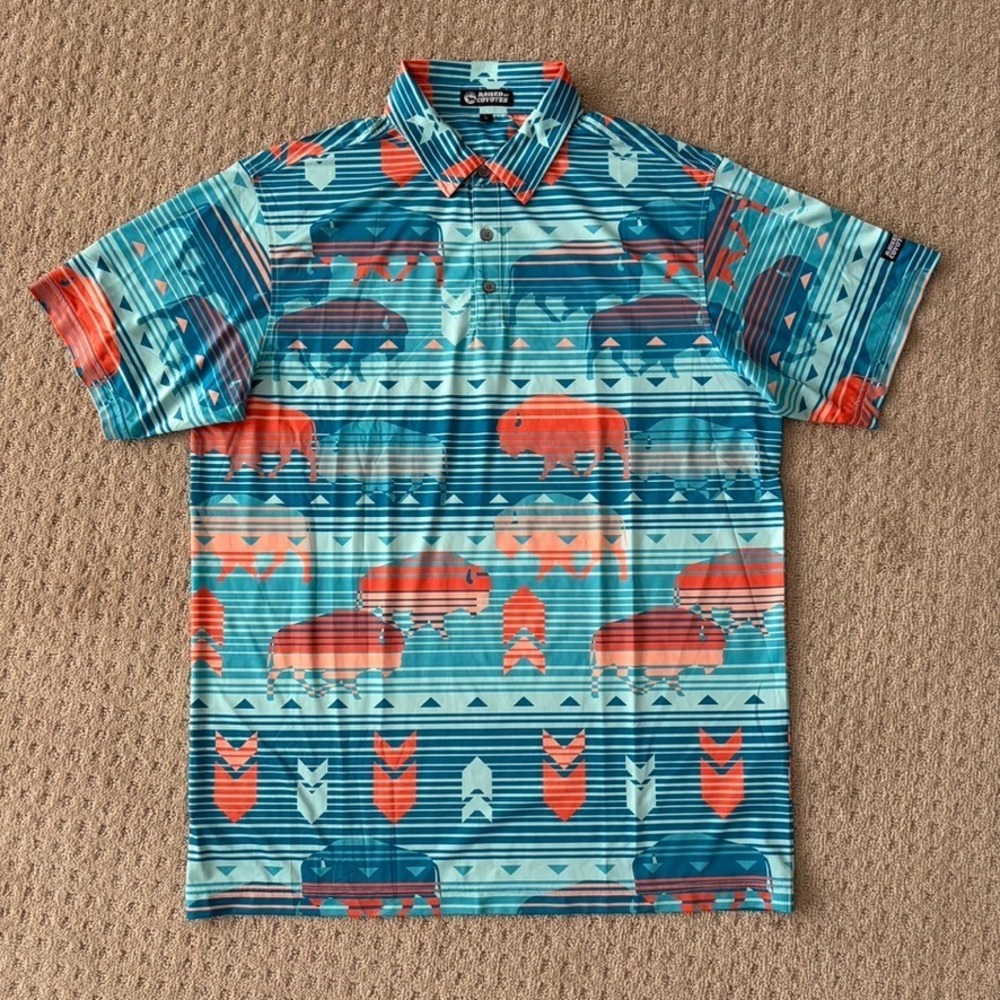 Raised by Coyotes Aztec Southwest Buffalo Performance Golf Polo Shirt Men Large